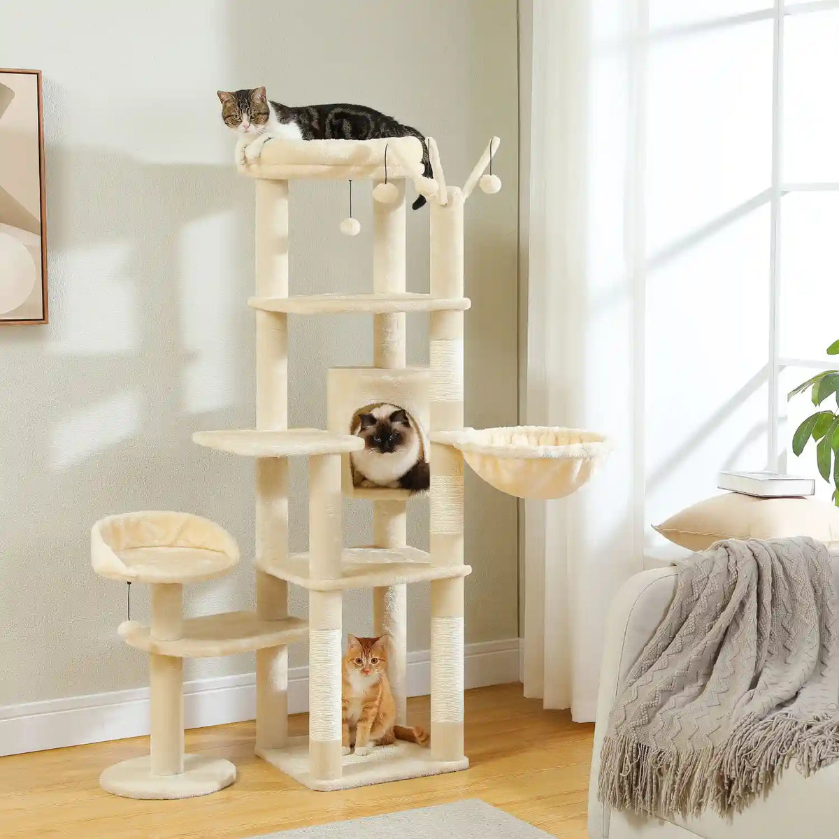 Arbre à Chat Haut 150 cm Multi-Niveaux avec Niche, Hamac et Sisal