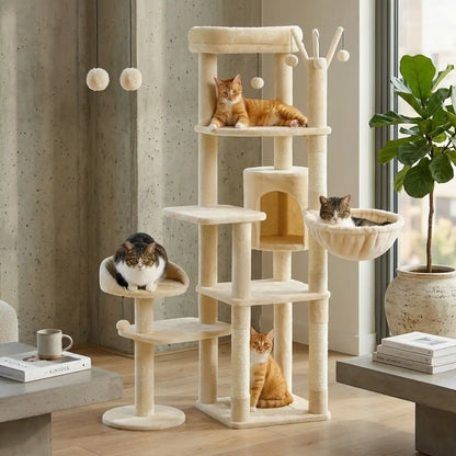Arbre à Chat Haut 150 cm Multi-Niveaux avec Niche, Hamac et Sisal