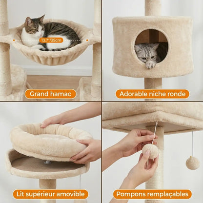 Arbre à Chat Haut 150 cm Multi-Niveaux avec Niche, Hamac et Sisal