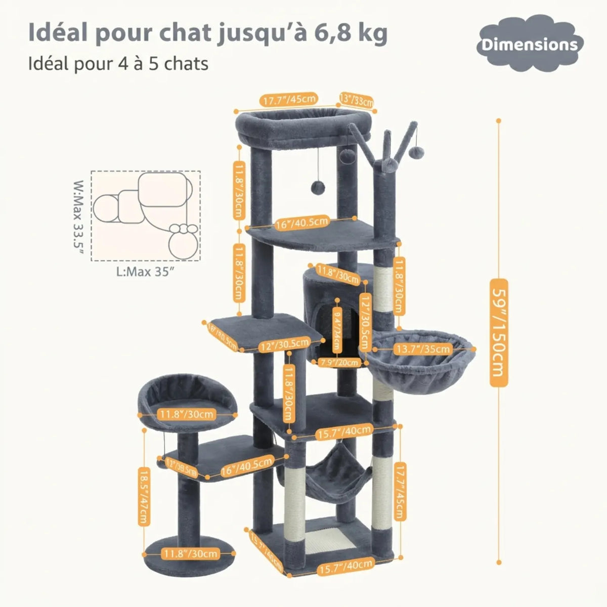 Arbre à Chat Haut 150 cm Multi-Niveaux avec Niche, Hamac et Sisal