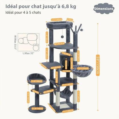 Arbre à Chat Haut 150 cm Multi-Niveaux avec Niche, Hamac et Sisal
