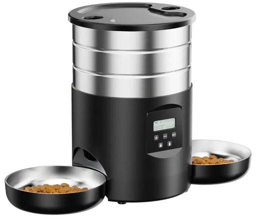 Distributeur automatique inox 4,5L message vocal 5 repas pour chat - Litièrecat