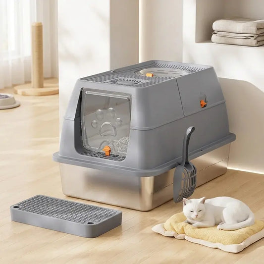 Bac à litière inox fermé XL couvercle rabattable anti-odeur 3 coloris - Litièrecat
