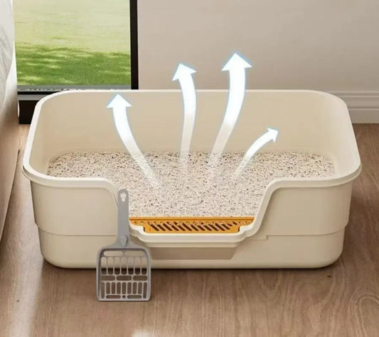Bac à litière extra large semi-ouvert ventilé anti-odeur XL blanc cassé - Litièrecat