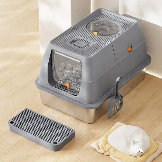Bac à Litière Inox Fermé XL – Couvercle Rabattable & Anti-Odeur (3 Coloris)