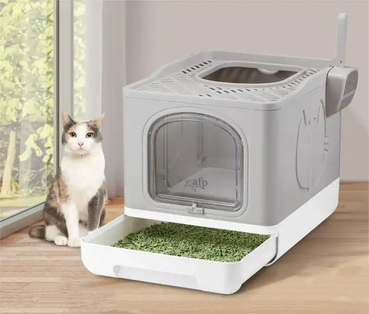 Bac à litière double entrée supérieure frontale pliable pour chat - Litièrecat