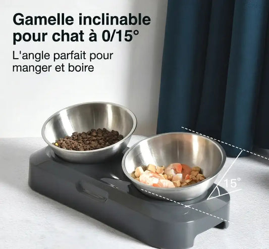 Gamelle inox surélevée double bol ergonomique anti-glisse pour chat - Litièrecat
